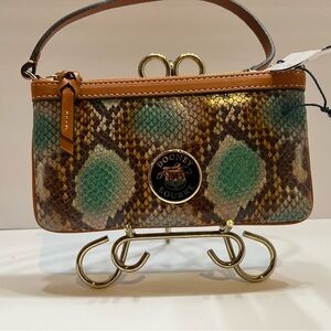 Dooney & Bourke Tan and Green Snake Print Clutch